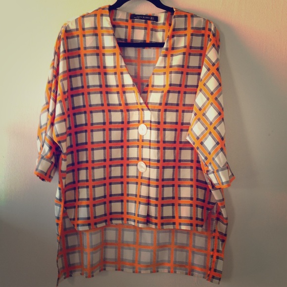 ZARA Plaid Blouse button top TUNIC XS orange - Picture 5 of 5